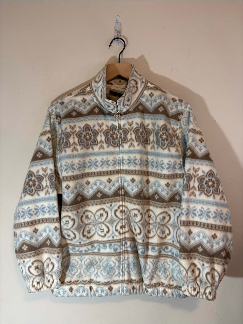 Vintage Tile Print Iridescent Beading and Sequin Snowflake Fleece Full Zip 90s